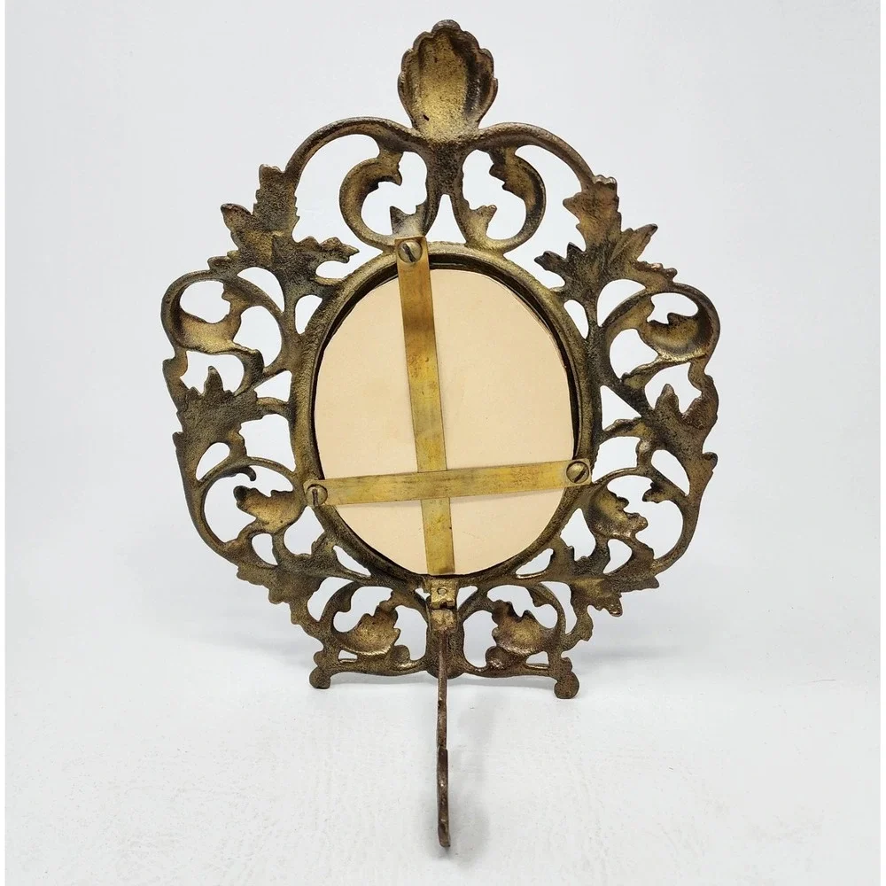 Antique Victorian Cast Metal Brass Oval Picture Frame Swing Easel Filigree 8x10